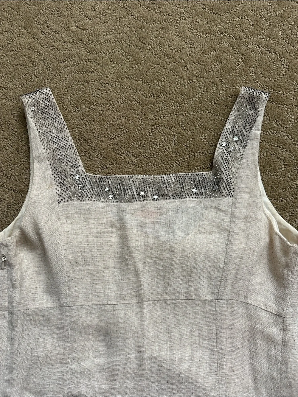 Tory Burch Cream Sleeveless Embellished Linen-Blend Dress with Gold Accents